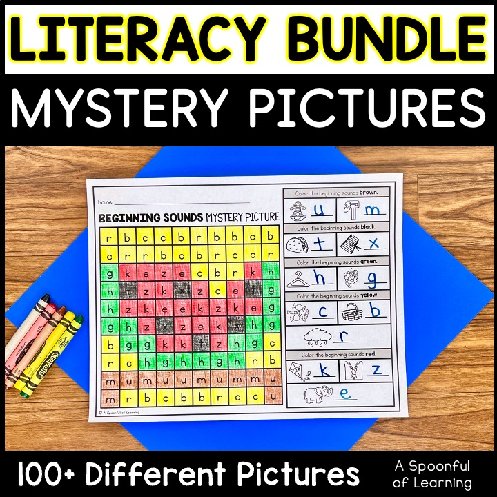 A bundle of mystery pictures that focus on literacy skills. This example has students putting the beginning sound letter of each picture. The students use the color code to color the boxes correctly to reveal the watermelon in the mystery picture. There are over 100 different literacy mystery pictures in this bundle to choose from!