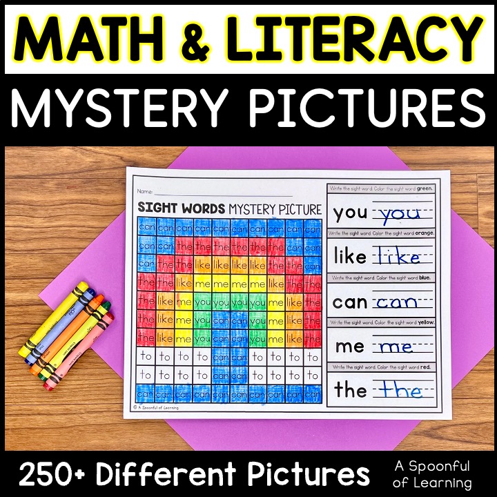 An example of a sight word mystery picture printable that reveals a rainbow. Mystery pictures are available in over 250 different pictures and include math and literacy skills!