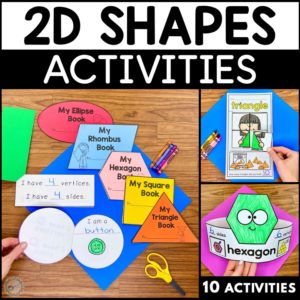 examples of 2D shape books, a shape puzzle, and shape hats included in this two dimensional activities pack.