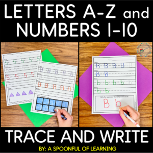 An example of the completed activities included in these A to Z and Numbers 1 to 10 printables.