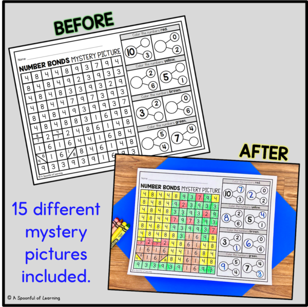 A before image and a completed after image of a number bonds mystery picture.
