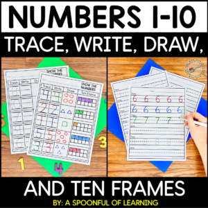 An example of the completed numbers 1-10 worksheets that are included.