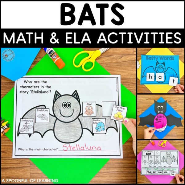 Bat crafts and bat activities included Stellaluna sequencing, math, informational writing, and phonics work.