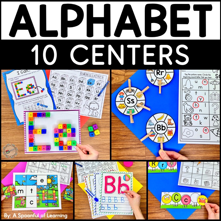 Different alphabet centers included in this alphabet centers bundle. Includes building letters with snap cubes, building letter with playdoh, letter formation, beginning sounds, and mystery pictures.
