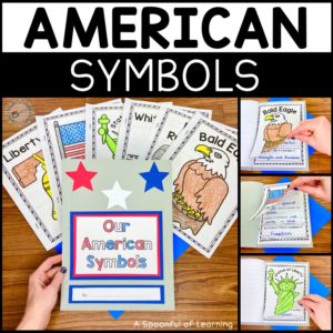 A look at different American symbol activities that is included in this American Symbols Unit. A picture of the front cover of the interactive Americsn Symbols book. Also, some pictures of what the interactive pages look like in action.