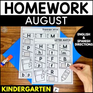 August homework for kindergarten with both English and Spanish directions.