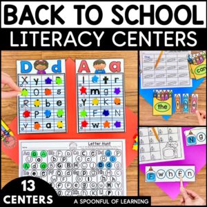 Find and cover letters, build sight words, and matching uppercase and lowercase letters are shown as some of the activities included in these back to school literacy centers.