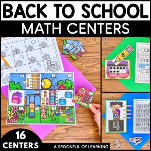counting groups, one-to-one correspondence, and ten frames are shown as part of the back to school math centers for kindergarten.