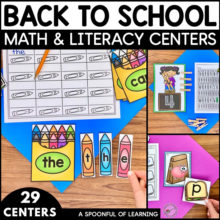 A sight word activity, one-to-one correspondence, and beginning sounds activity that is included in the back to school centers.