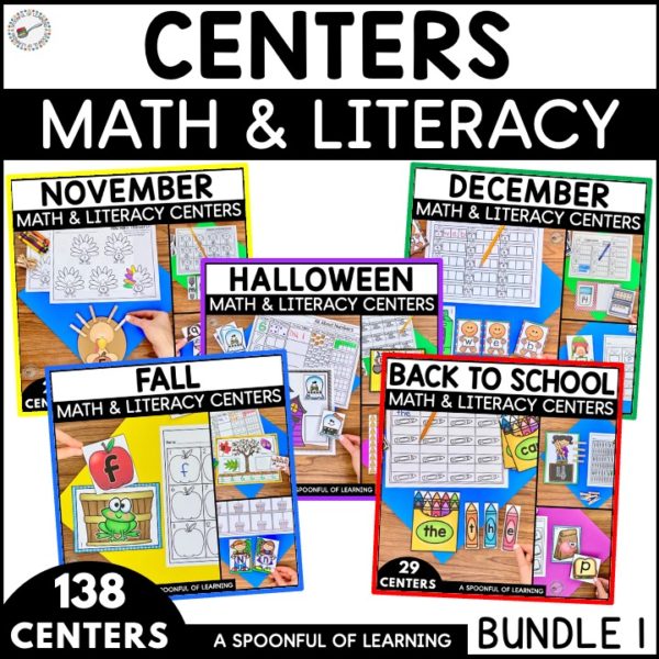 Back to School, Fall, Halloween, November, and December center activities included in this centers bundle for kindergarten.