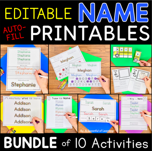 Examples of several completed name activities included in the name printables bundle.