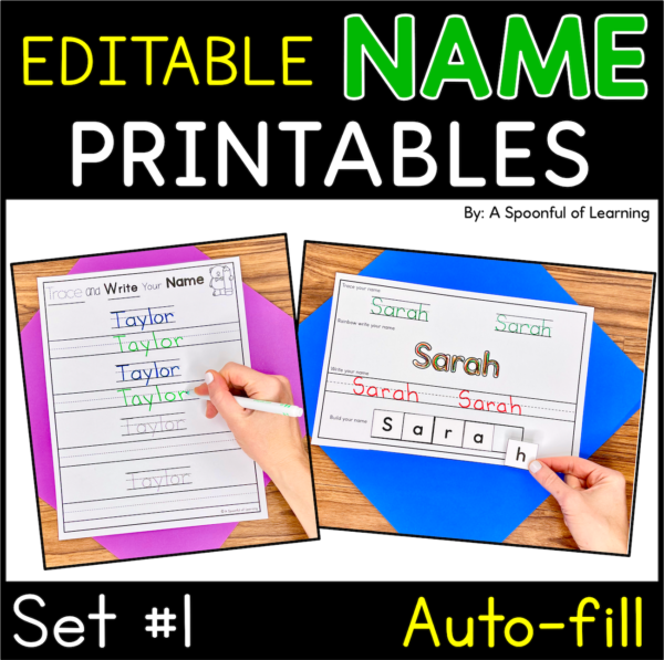 Examples of the completed name printables that are included in this set #1.
