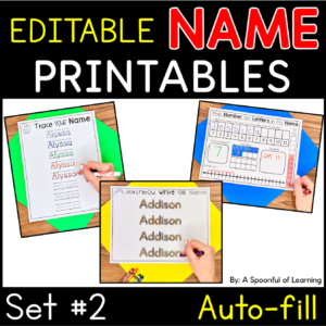 Examples of completed name activities from set 2 of the name printables.
