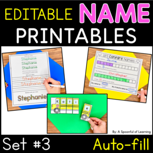Examples of the completed name activities that are included in these name printables set 3.