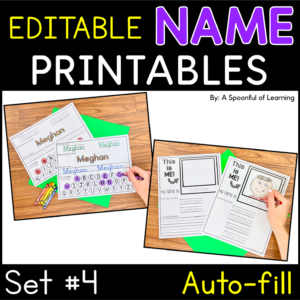 Examples of completed name activities from set 4 of the name printables.