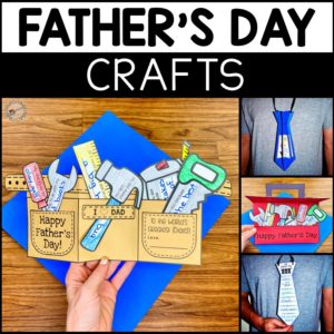 Examples of the 3 different crafts included in this Father's Day Crafts. You can make a work belt with tools, a tool box with tools, or a 3D tie.