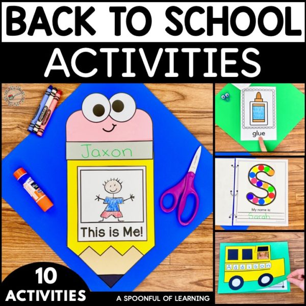 A pencil craft, mini reader, first letter in name class book, and bus craft examples included in this back to school activities pack.