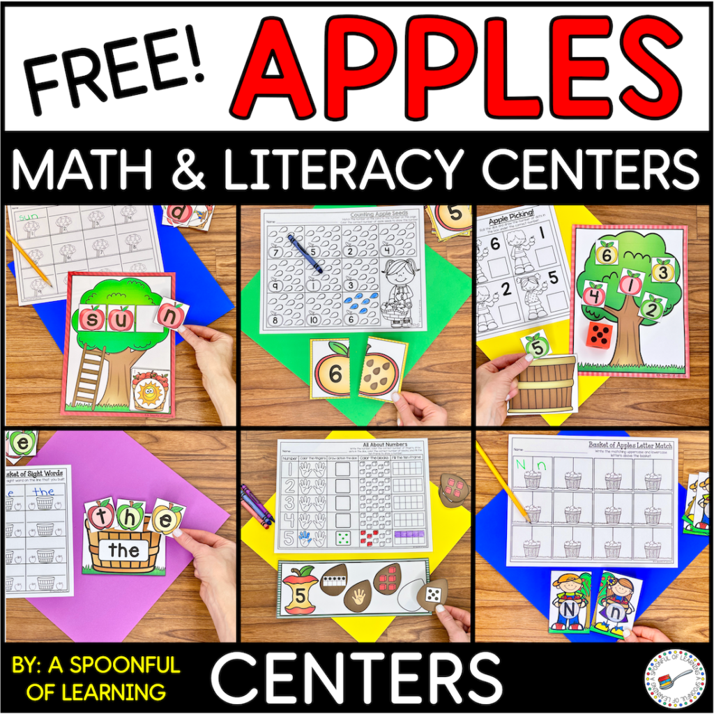 Examples of the 6 apple themed center activities included in this freebie.