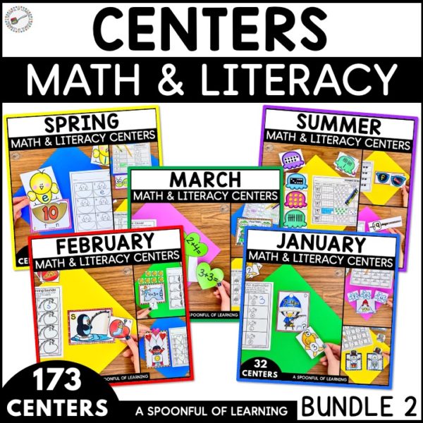 Winter, Valentine's Day. St. Patrick's Day, Spring, and Summer center activities for kindergarten included in this centers bundle.