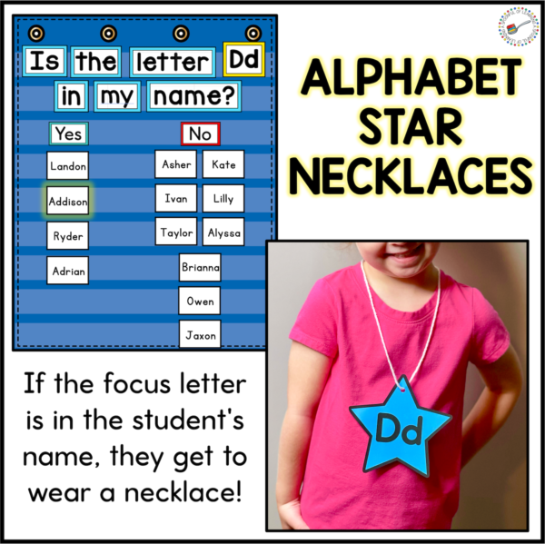 An example of the letter Dd star necklace and a pocket chart to show how to use this letter of the week free activity.