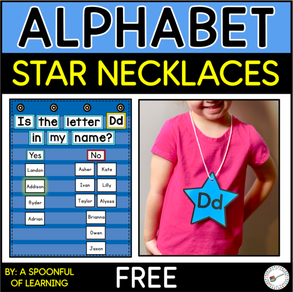 Example of the letter Dd star necklace on a child. A completed pocket chart to show how to use this letter of the week activity.