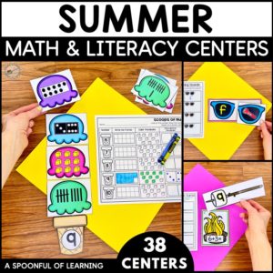 Math and literacy center activities included in these summer centers for kindergarten.