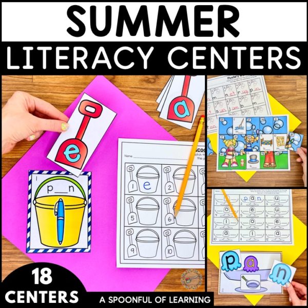 Literacy center activities included in these summer literacy centers for kindergarten.