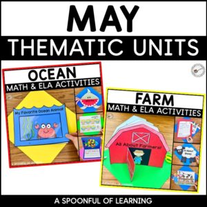 Ocean and Farm crafts, math, literacy, and writing activities included in these May thematic units.
