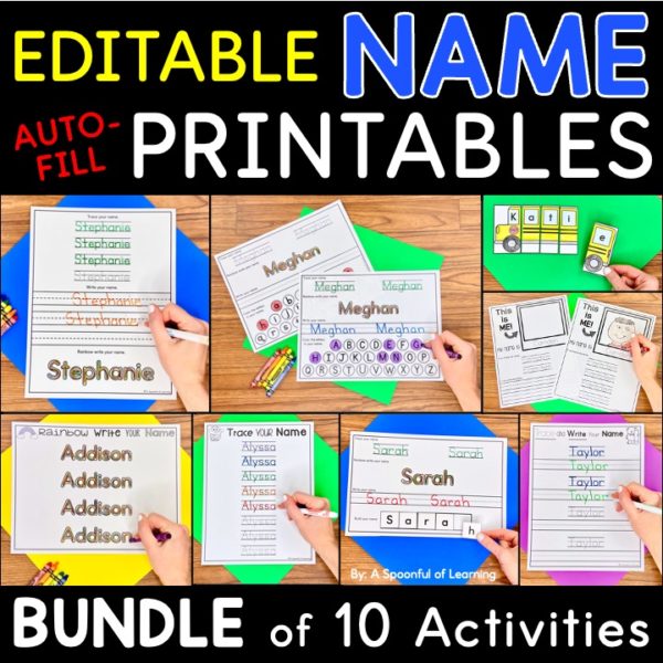 Examples of the different editable name writing practice worksheets included in this names bundle.