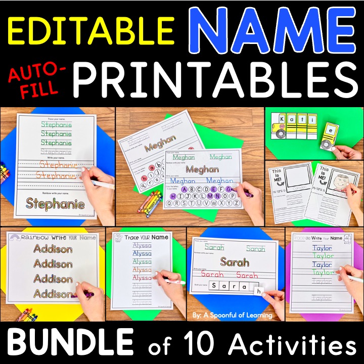 Examples of the different editable name writing practice worksheets included in this kindergarten name practice bundle.