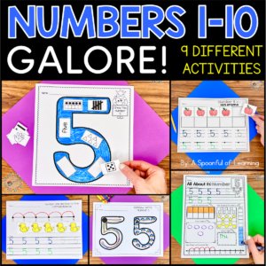Examples of some of the completed number activities included in this numbers 1-10 printables pack.