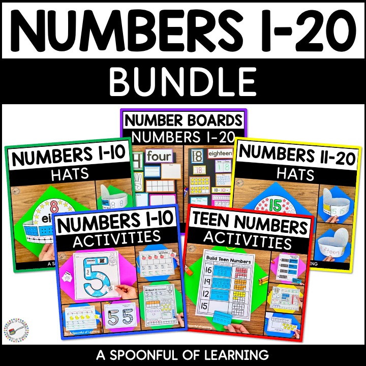 Numbers to 10 printables, teen number activities, number hats, and number posters included in this numbers to 20 bundle.