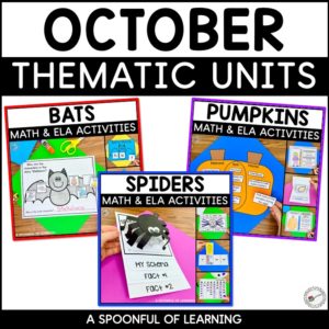 Covers of the Bats Unit, Spiders Unit, and Pumpkins Unit included in this October thematic units bundle.