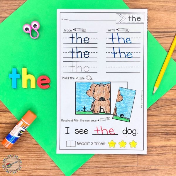 A sight word practice sheet and puzzle for "the"