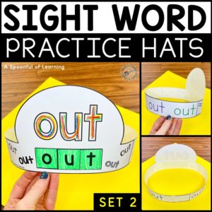 An example of the sight word "out" hat where students rainbow write and build the sight word on the hat.