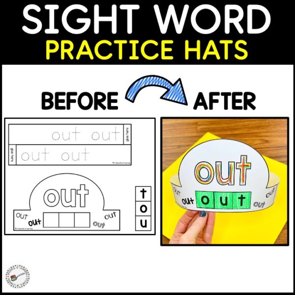 A before and after example of a hat that students can build that has the sight word "out" written with rainbow writing and the sight word being built with letters.
