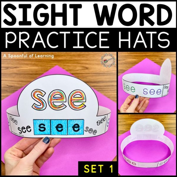 A sight word hat for the sight word "see". Students rainbow write the sight word, trace, and build the sight word "see" on the hat.
