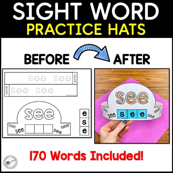An example of a before and after sight word hat for the sight word "see". The before picture is an example of what the sight word hat looks like when it is printed. The hat is all on one page. The after picture is a completed hat that students get to build. They also rainbow write the sight word, build the sight word with letters, and trace the sight word.