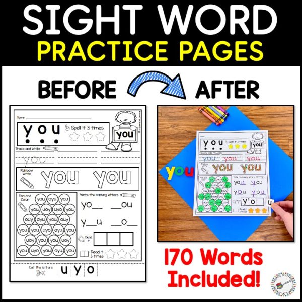 An example of a before and after sight word practice worksheet for the sight word "you". The before picture shows the printed page and the after picture shows the variety of ways students practice the sight word "you". There are also 170 sight word worksheets included in this bundle.