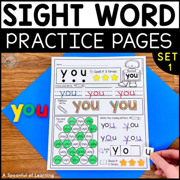 An example of a completed sight word worksheet that focuses on the sight word "you". Students practice reading, writing, and building the sight word in a variety of ways.