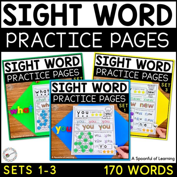 A look at the three sets included in this sight word practice pages bundle.
