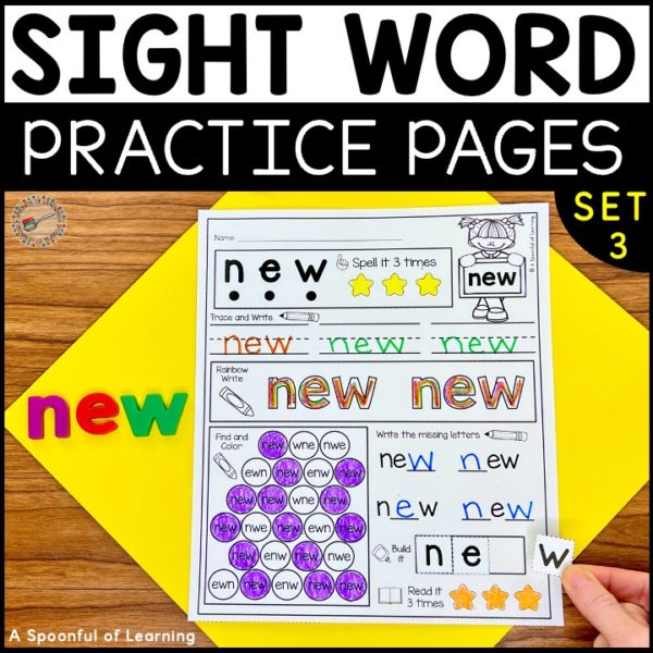 A worksheet for the sight word "new". This worksheet is included in this sight word practice pages set. Students practice the sight word by writing, finding, rainbow writing, and building the sight word.