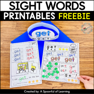 An example of the 3 printables included in this free sight word printables. The sight word printables are for the sight word 'get'.