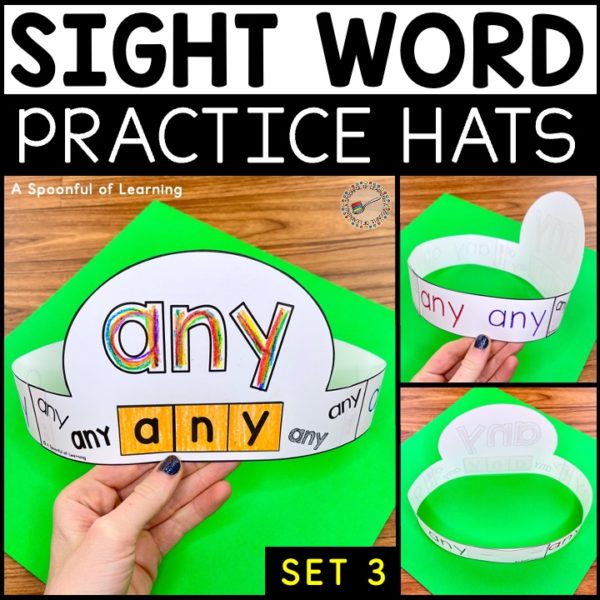 An example of a front view, side view, and back view of a sight word hat for the sight word "any".