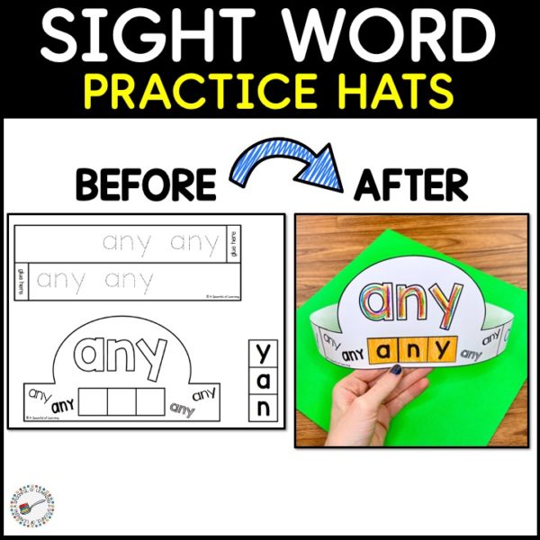 A before and after of the sight word hat "any". The before picture shows what the sight word hat looks like when it is printed. The after picture show what the hat looks like when the student builds the hat.