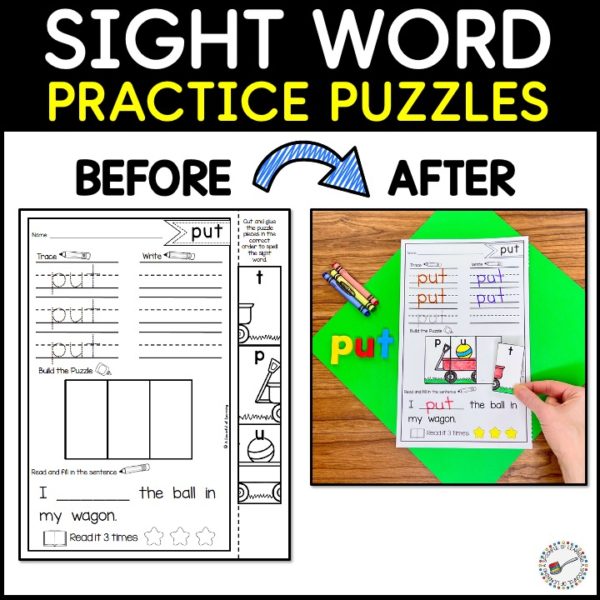 A before and after of a sight word activity worksheet where students use puzzle pieces to build the sight word "put".