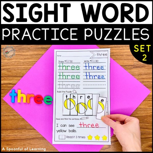A completed sight word puzzles printable that focuse son the sight word "three". Students trace and write the sight word. Then, they build the sight word "three" with puzzle pieces to reveal a picture. That picture helps students read the sentence with the sight word in it.