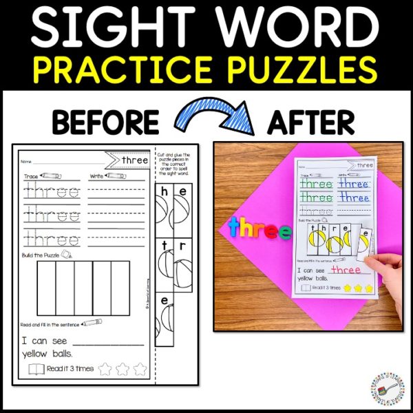 An example of a before and after sight word puzzle worksheet that focuses on the sight word "three".