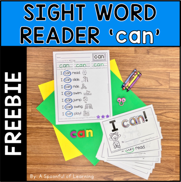 An example of the sight word reader and completed extension activity that is included in this free sight word reader for the sight word 'can'.