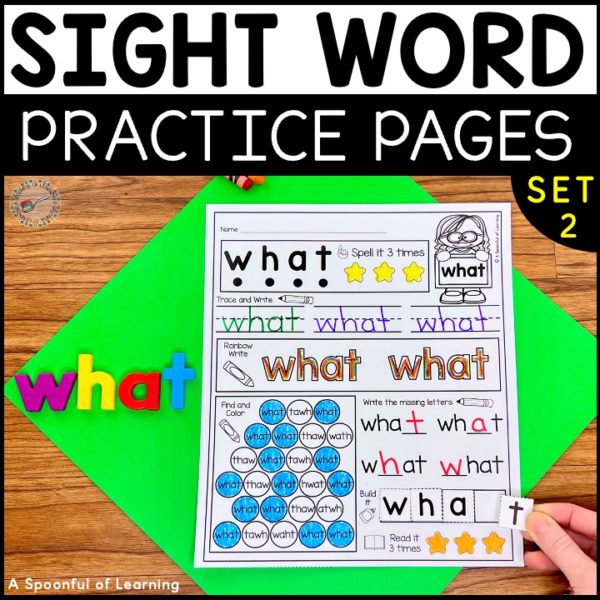 A sight word practice worksheet included in this set that has students practice sight words in a variety of ways. This example is working on the sight word "what".